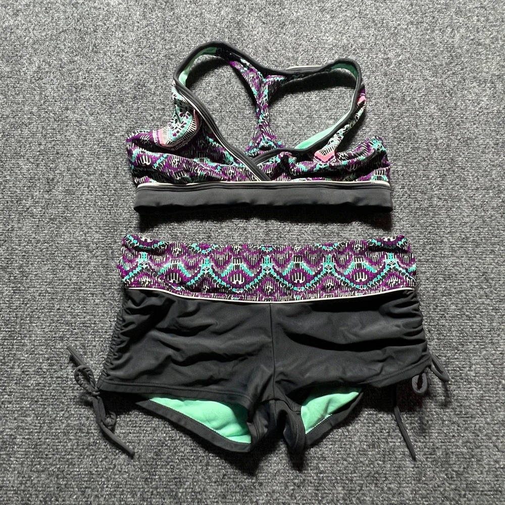 Athleta Bikini Set S Purple Teal Geometric Racerback Top Boy Short Bottoms